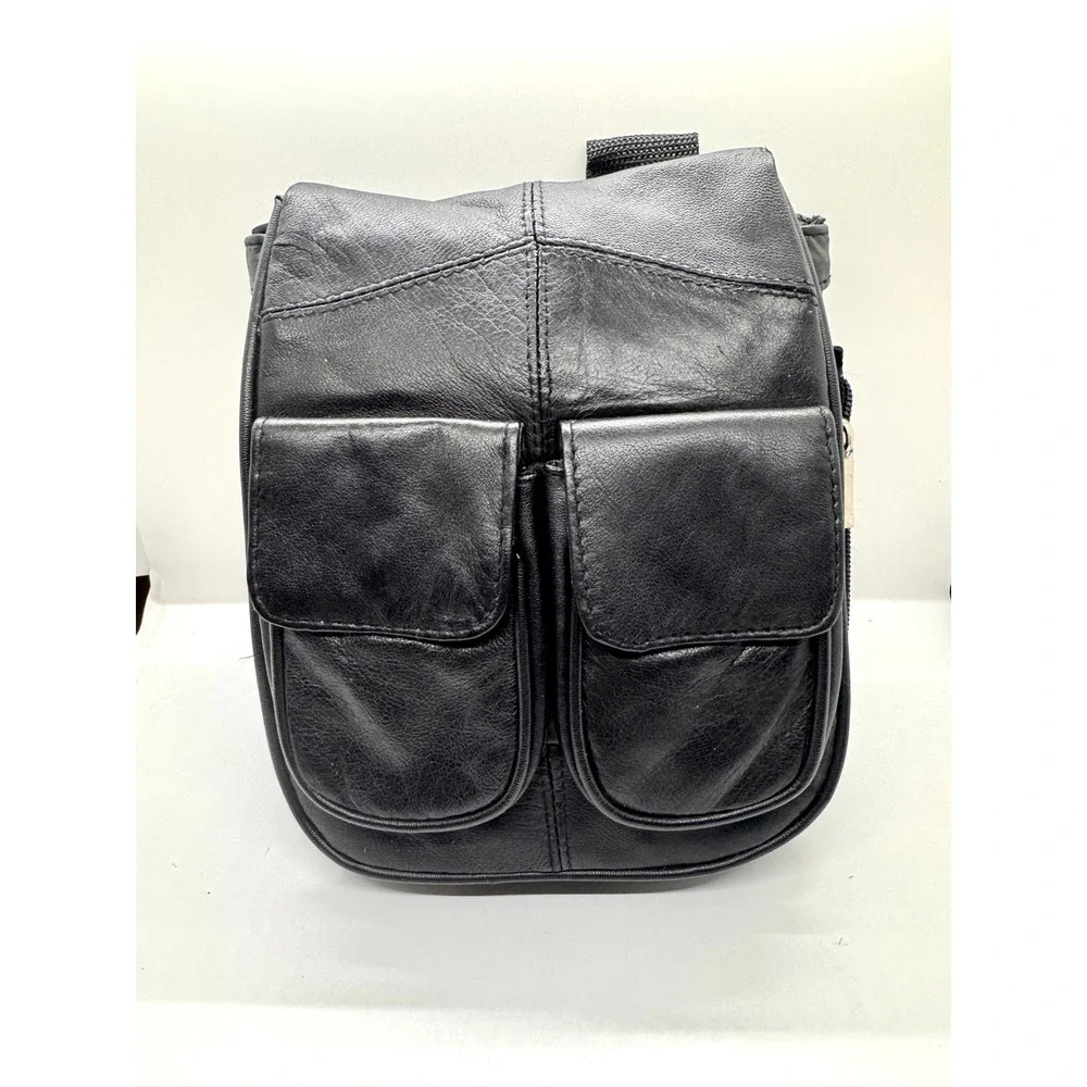 Black Leather Crossbody Sling Bag Multi Pocket Utility Messenger Travel Bag